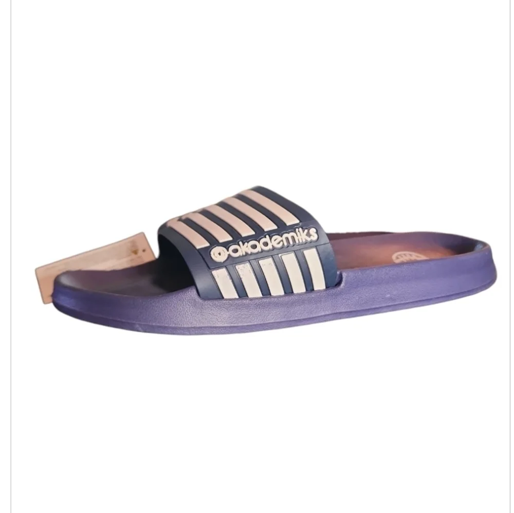 NEW Men's Akademiks Striped Logo Navy Blue & White Slides Slippers Size 11 (44)